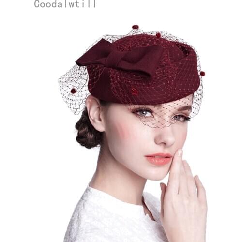 Women Elegant Bowknot Veil Fascinator Hat Cocktail Beret Cap Lady Wedding Party Church Hair Accessories Wool Fedora Hat
