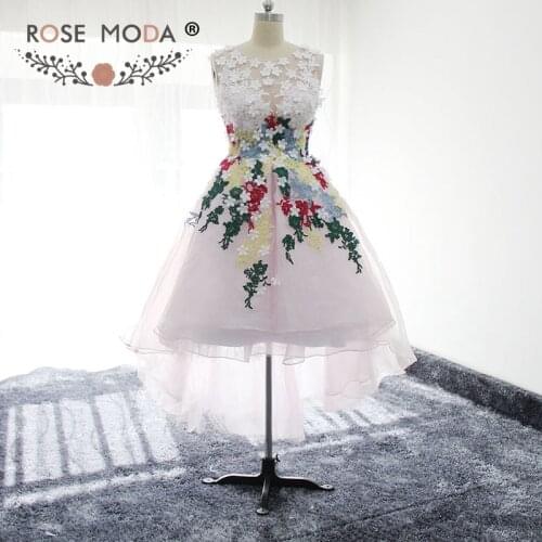 Rose Moda Stunning High Low Short Prom Dress with Colorful Laces Small Flowers Low V Back Ball Skirt Formal Dress