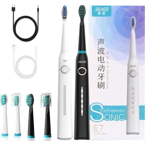Seago Acoustic Wave Electric Toothbrush Ultra Sonic Vibration 5 Modes Powerful Clean Teeth Whitening 1 Handle 3 Heads