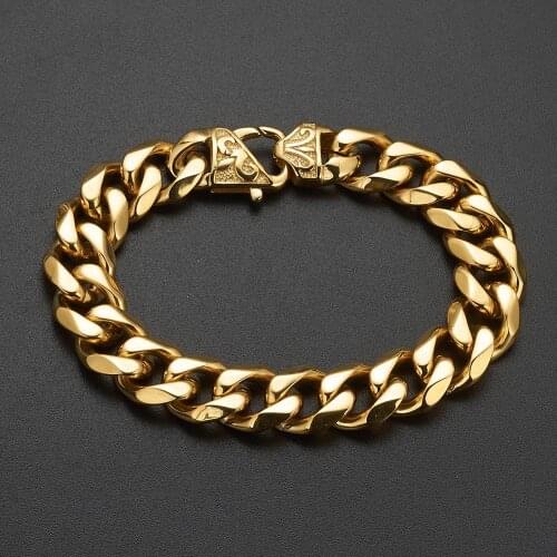 12/15mm Polished Gold Color Cut Curb Cuban Link 316L Stainless Steel Bracelet Mens Cool Chain Boys Heavy Jewelry 7-11"