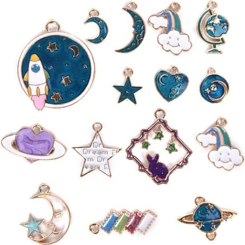 15pcs Mixed Star Moon Universe Enamel Charms Pendant Girls Women DIY Necklace Pendant Jewelry Accessory Making Findings