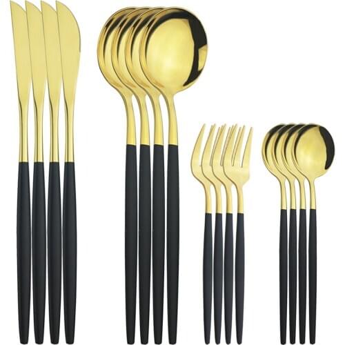 16Pcs Knives Cake Fruit Forks Spoon Silverware Set Black Gold Dinnerware Cutlery Set Stainless Steel Flatware Kitchen Tableware