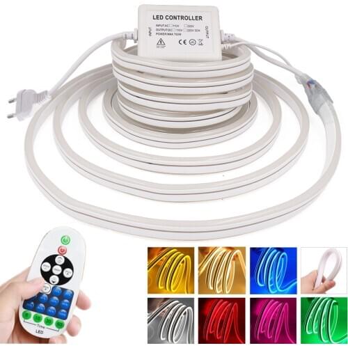 220V Double Sided Neon Light Waterproof LED Ribbon Tape with Dimmer 2835 120Leds/m Flexible LED Strip Neon Sign Rope EU UK AU
