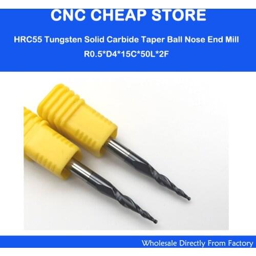 2pcs-R0.5*D4*15*50L*2F HRC55 Tungsten solid carbide Coated Tapered Ball Nose End Mills taper and cone CNC milling cutter Bits