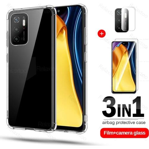 Case for poco m3 pro cover 3in1 lens protective glass for xiaomi poco m 3 m3 pro m3pro 5G transparent silicone phone cover coque