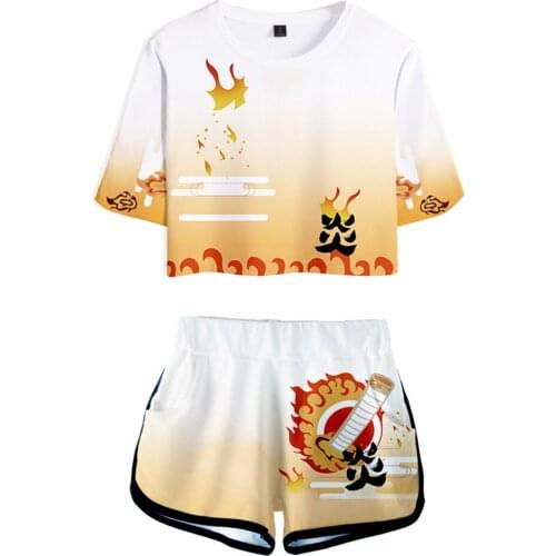 Demon Slayer Kimetsu no Yaiba Rengoku Kyoujurou Sexy Crop Top T-shirt Shorts Two Piece Sets Summer clothes Cosplay