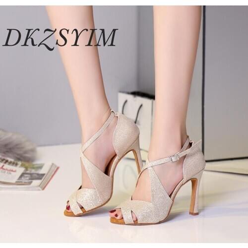 DKZSYIM Women Latin Dance Shoes Gold/Silver/Black Ballroom Tango Sandals Girls Sequined Cloth Paryt/Wedding shoes High-Helled