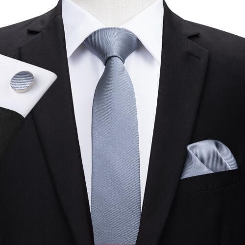 Hi-Tie Top Brand 5.5cm Neckties For Men Skinny Gray Solid Pattern Necktie Hanky Cufflinks Set Gravata For Wedding Party C-3103