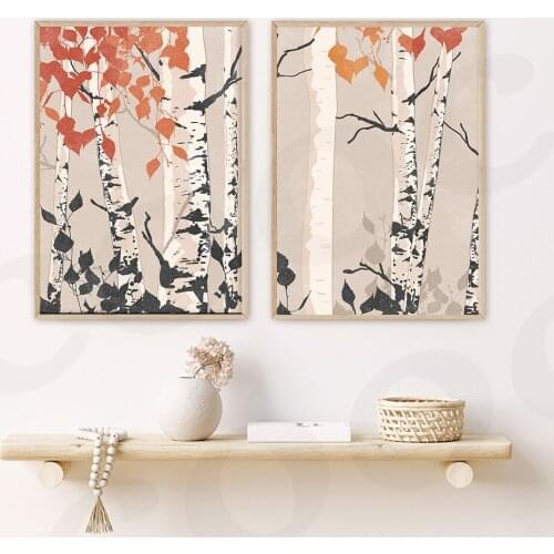 Nature Landscape Painting Abstract Red Leaves Tree Canvas Poster Nordic Style Art Print Gallery Wall Decoration Picture