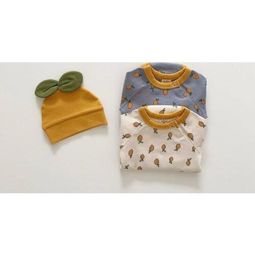 Newborn baby girl boy bodysuit cotton autumn print jumpsuit long-sleeved bodysuit with hat baby clothing set