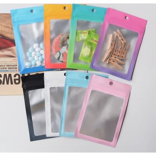 Matte Colors Reclosable Small Gift Packaging Bags Flat Pouches Aluminum Foil Mylar Ziplock Bags with Hanging Hole 100pcs