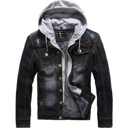 Mens Denim Jacket Winter Thick Velvet Warm Detachable Hooded Coat Men Bomber Fleece Casual Jeans Jackets and Coats Wholesale