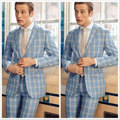 2020 New Light Blue Check Groom Wedding Suits Evening Party Prom Custom Made Slim Fit (Jacket+Pants) Best Man Tuxedos