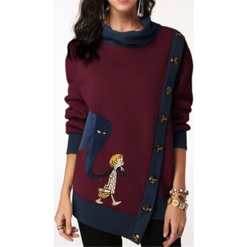 Autumn New Product Europe and America Plus Size Womens Button Cartoon Printed Patchwork Asymmetric Plus Size Sweatshirt
