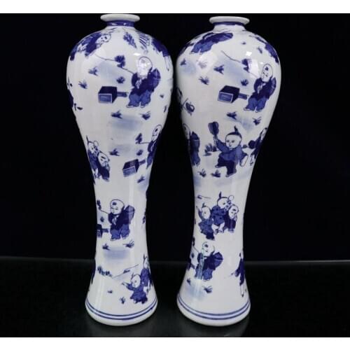 A Pair Chinese Ceramics Blue and White Porcelain Chinaware Children Figure Baby Play Pattern Prunus Pulm Vase