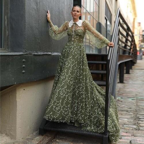 Kawaii Casual Dark Green Women Dress See Thru A-Line Floor Length Flower Tulle Long Sleeve Dress Plus Size Custom Made