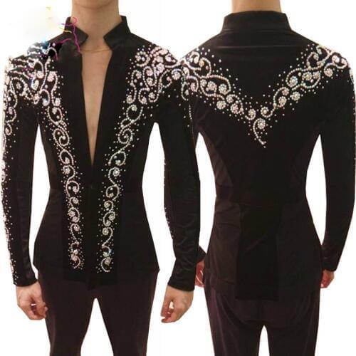 Latin Dance Shirt Men V-Neck Stick Drill Shiny Tops Competition Performance Ballroom Tango Modern Clothing Stage Wear DNV12054