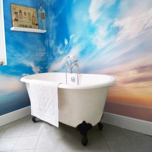 Custom Self-adhesive Bathroom Mural Wallpaper Modern Abstract Blue Sky Clouds Art Wallpaper Sticker PVC Waterproof Bathroom Wall