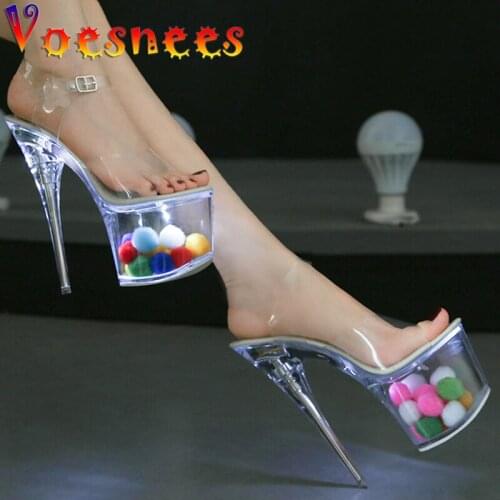 Transparent Light Sandals Color Hairball Glow Women Shoes Sexy Super High Heels Platform Steel Pipe Model Show Female Sandals