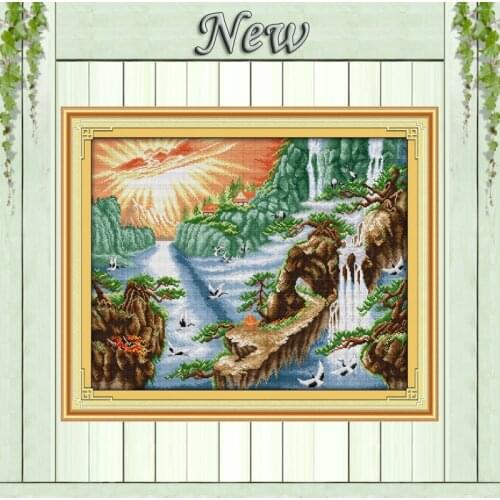 Sunshine waterfall crane decor painting Counted printed on fabric Cross Stitch Needlework kits DMC 14CT 11CT DIY Embroidery Sets