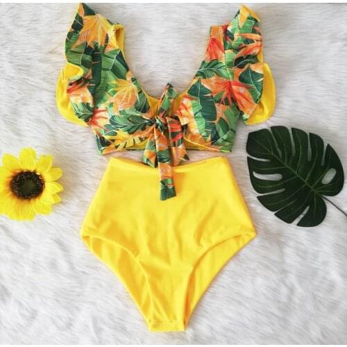 Sexy Bikinis 2021 New Double Shoulder Ruffle Bikini Set High Waist Swimwear Women Swimsuit V-Neck Bathing Suit Beach Wear Swim