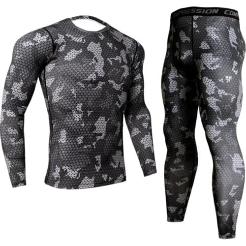 Mens Brand Clothing Army camouflage Thermal Underwear Tracksuit set Crossfit Fitness Shirt Men Leggings 2 piece Rashgarda MMA