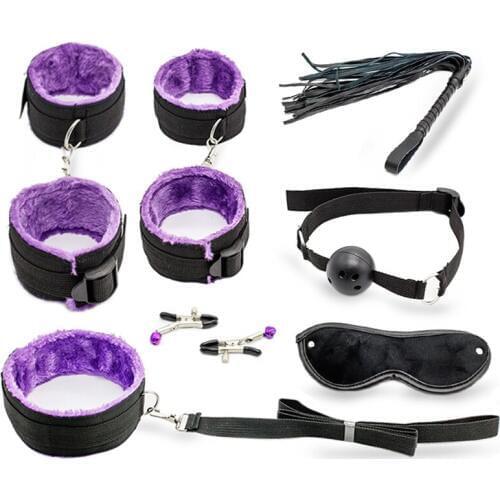 Hot Sale Sexy Toy 7 Pcs/set Kit Sex Toys for Couples, Nylon Sex Bondage Nipple Clameps Handcuffs Ball Gag Eye Mask Erotic Toys