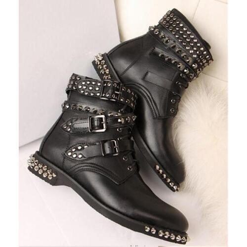 Spring new British fashion rivets studded martin boots black leather buckles strap flat heel ankle boots for woman size 35-42