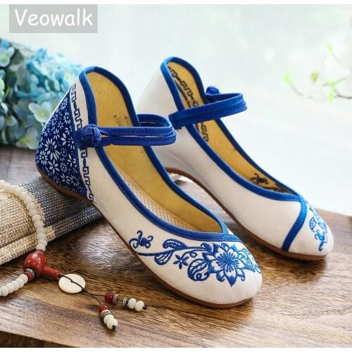 Veowalk Blue Flowers Embroidered Womens Canvas Ballet Flats Vintage Chinese Style Ladies Casual Ankle Strap Cotton Dance Shoes