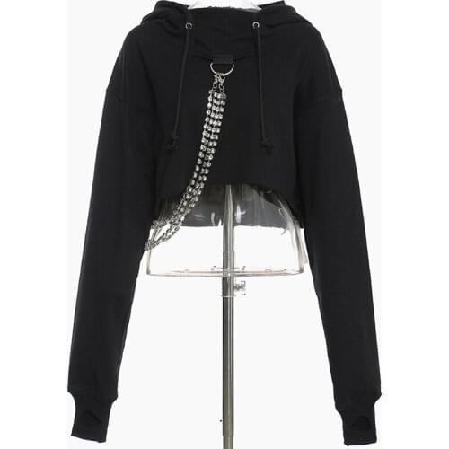 Women Crop Hoodies Diamonds Chain Thick Pullover Hooded Sweatshirt Tracksuit High Street 2021