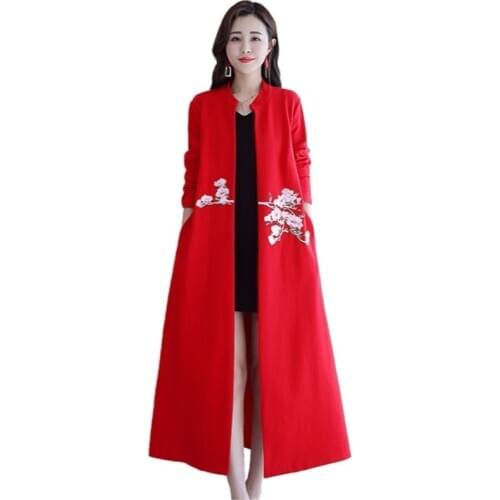 2021 New Chinese Style Womens Retro Embroidery Long Cardigan Trench Coat Spring Autumn Women Clothing XA416