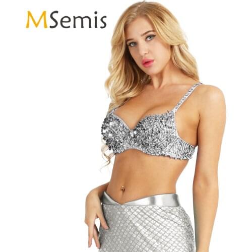 MSemis Women Bra Underwear Fashion Sparkle Sequins Beading Padded Underwire Bra Top Club Belly Dancing Party Exotic Bra Costume
