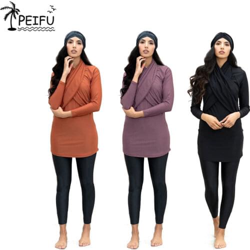 PEIFU 2021 Muslim Swimwear New Women Modest Patchwork Hijab Long Sleeves Sport Swimsuit 3pcs Islamic Burkinis Wear Bathing Suit