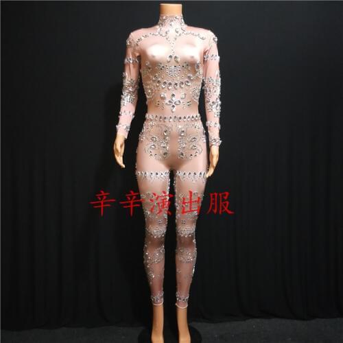 Women New Sparkly Glass Stones Leotard Sexy Jumpsuit Silver Rhinestones Stretch Prom Party Singer Costume Nightclub Stage Wears