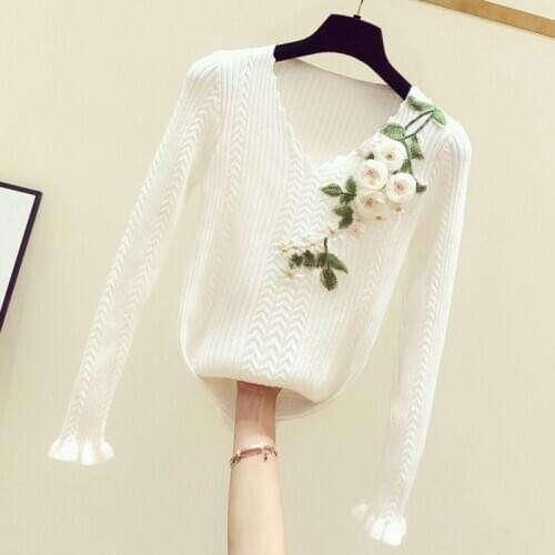 New Flower Sweater Woman Autumn Winter Hand Embroidered Flower Decoration V-Neck Long Sleeve Pullover Jumper Knit Femme