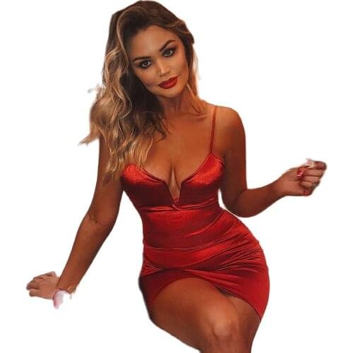 Women Summer Dress New Arrivals 2020 Sexy Sleeveless V Neck Strap Red Black Silver Satin Backless Bodycon Night Club Party Dress