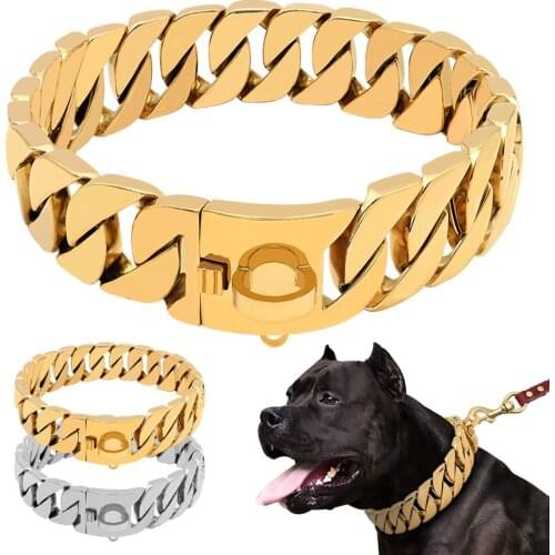 Pet Dog Gold Chain Puppy Collar Necklace Stainless Steel Bulldog Collar 32mm Small Middle Large Dog