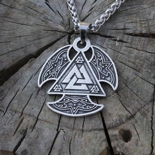 Lanseis 10pcs Vikings Valknut collier pendent Valknut Triple Axe Double Face Vikings scandinaves Nordic Pendentif