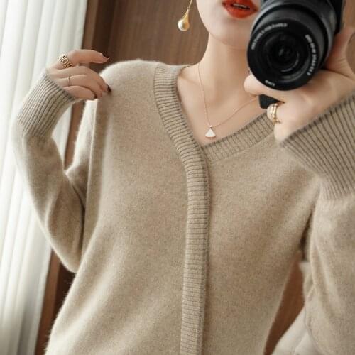 100% pure wool sweater womens spring and autumn new product V-neck full sleeves fashionable and comfortable pullover cashmere