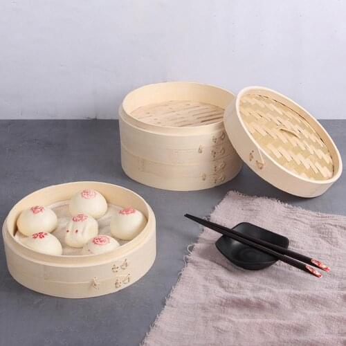 2 Tiers 10 Inches Household Bamboo Streamer Rice Meat Vegetable Steaming Basket