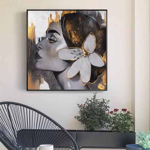 Abstract Golden Girl Face Canvas Painting Figure Fashion Women Wall Art Posters and Prints Wall Picture for Living Room Decor