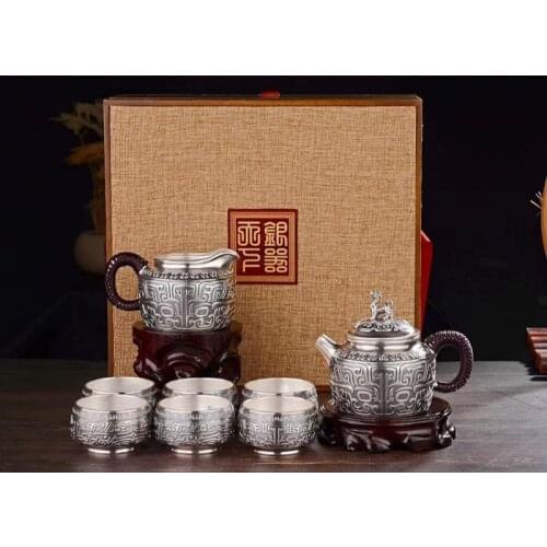 Silver pot 999 sterling silver handmade tea set Japanese retro teapot kettle home tea ceremony Kungfu tea set 600ml