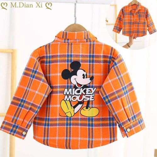 Disney Spring and Autumn Boys and Girls Thin Long Sleeve Shirt Children Plus Velvet Warm Jacket Western Style Winter Plaid Shirt
