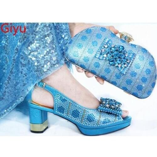 Doershow African new coming Italian Shoes And Bag Sets For Evening Party With Stones sky blue Italian Handbags Match Bags!HMK1-8