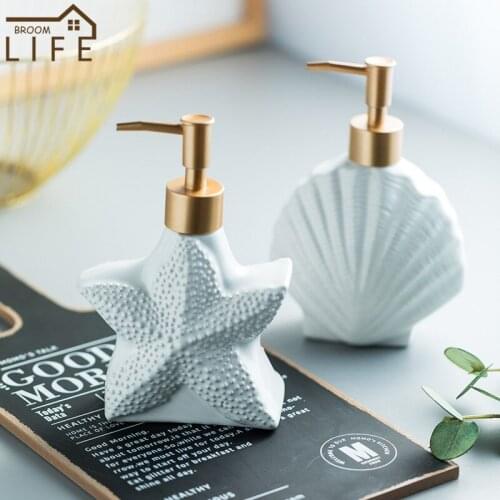 European Ceramic Sub Bottling Starfish Shell Portable Lotion Bottle Soap Dispenser Pump Bathroom Storage Container Set Supplies