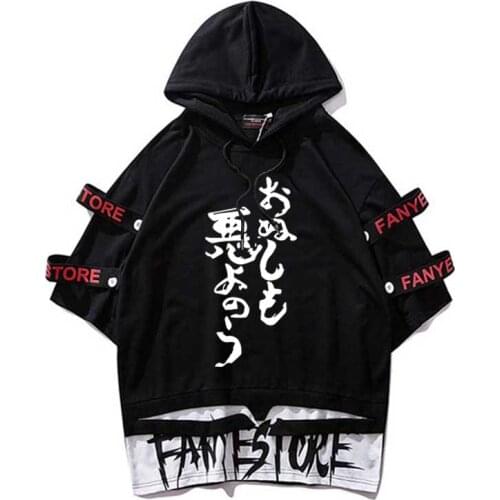 Ribbon T Shirts men Evil Kanji Oversize Hooded top tees Short Sleeve Streetwear tshirts wholesale Casual hip hop homme clothes