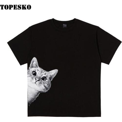 TOPESKO Unisex Funny Sideways Cat T Shirt Women Men Harajuku Tshirt Ulzzang Cotton Hip Hop T-shirt Graphic Fashion Top Tee