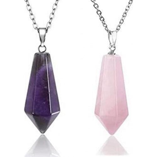 KFT Natural Healing Crystal Quartz Stone Pendant Necklace Amethysts Hexagon Reiki Pointed Pendulum Pendant Chain Necklace