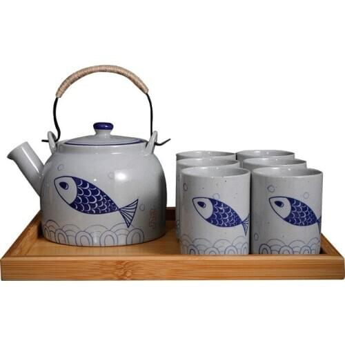 Chinese Stoneware Hand-Painted Loop-Handled Teapot Tea Set Large Teapot Retro 1 Liter Restaurant Water Bottle Water CupHousehold