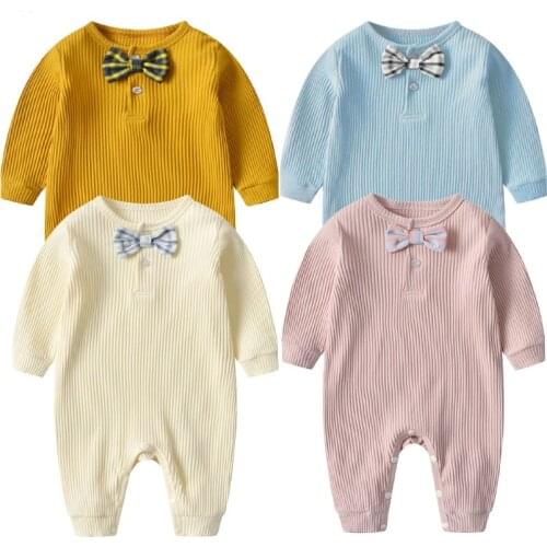 Newborn Infant Baby Boys Girls Romper Bow Cotton Knitted Ribbed Long Sleeve Solid Jumpsuit Toddler Clothes Outfits 6 Color